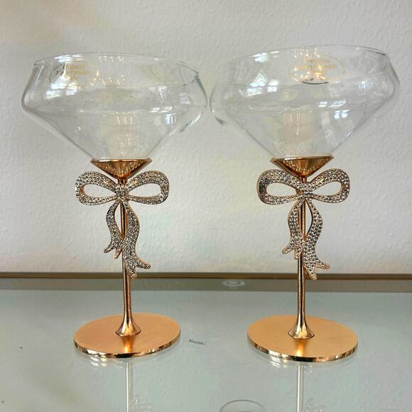 New Viral GOLD BOW Rhinestone Coupe Cocktail Glasses Set of 2 New - Picture 1 of 10